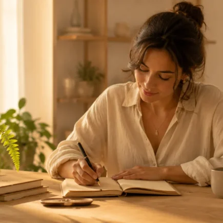 Mulher escrevendo metas simples inspiradas na filosofia japonesa Kaizen.