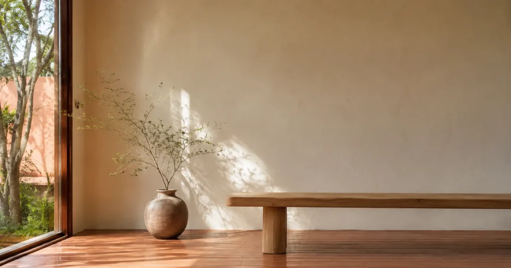 Canto de sala com poucos elementos e muito espaço livre, transmitindo calma e respiro visual