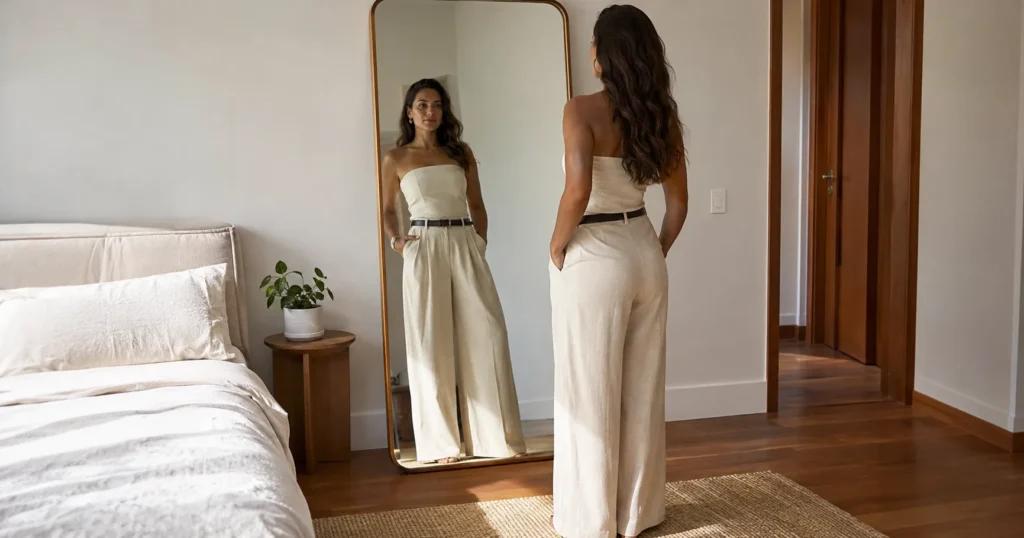 Mulher com visual elegante e simples diante do espelho, em ambiente leve e sem excesso
