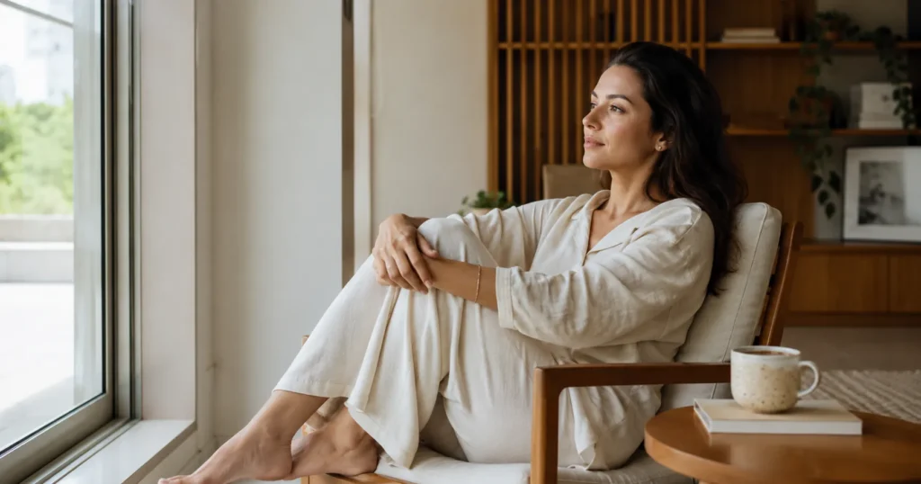 Mulher em pausa silenciosa perto da janela, representando calma e presença na rotina