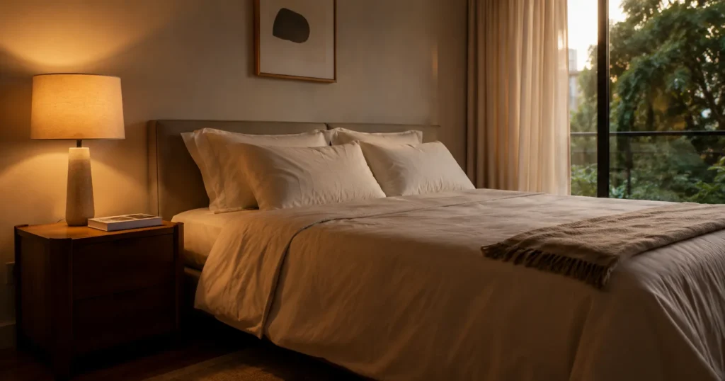 Quarto calmo e organizado com poucos elementos, transmitindo silêncio e desaceleração
