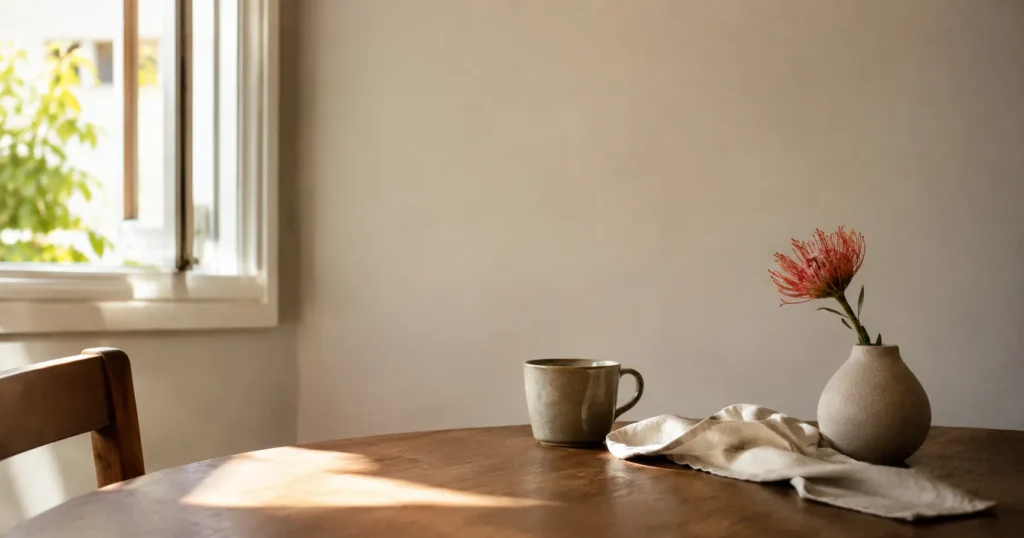 Mesa simples com xícara, flor e espaço vazio ao redor, simbolizando pausa e presença