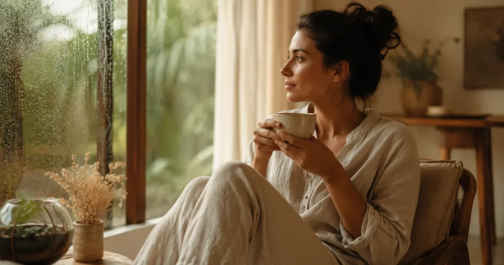 Mulher apreciando um momento de calma inspirado na filosofia Wabi-Sabi