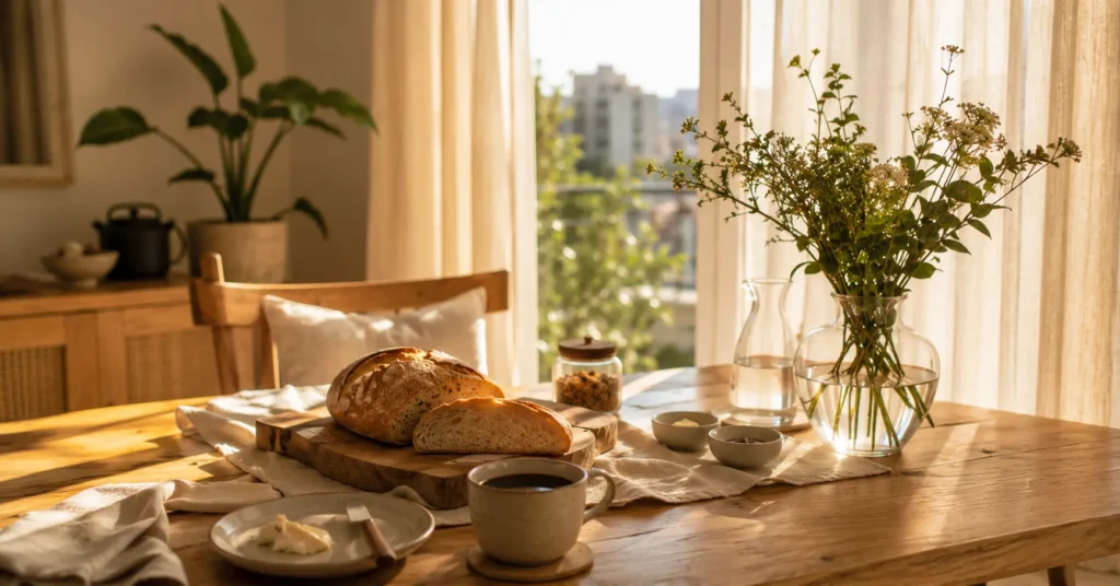 Mesa de café da manhã representando os pequenos momentos da vida.
