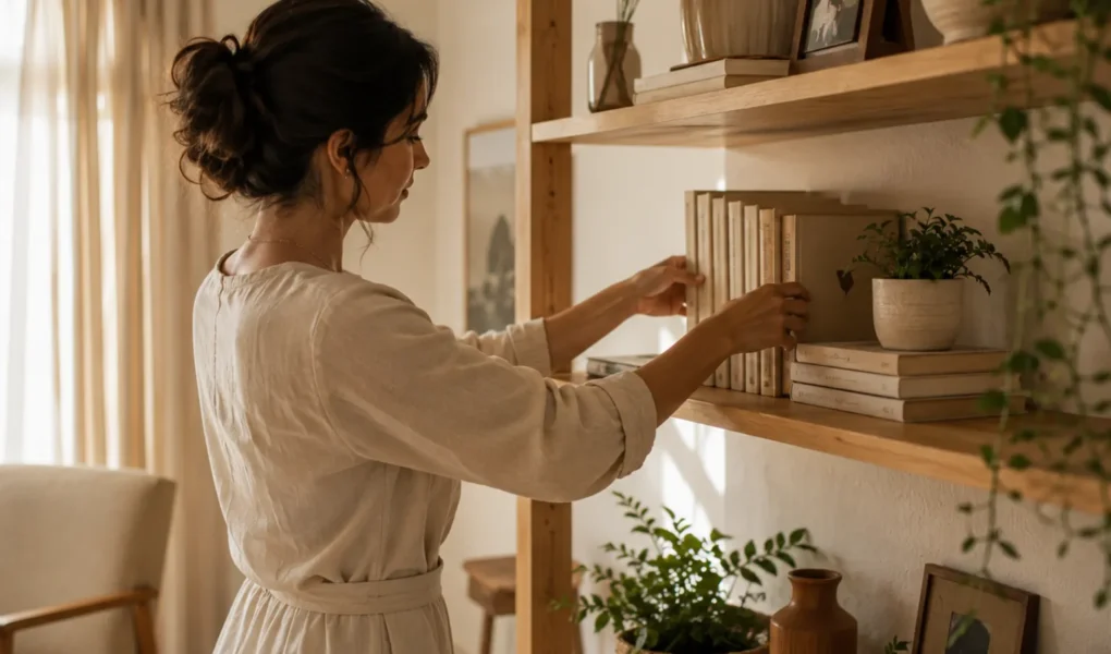 Mulher organizando uma estante em uma sala aconchegante inspirada no ritual japonês Osoji.