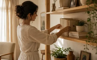 Mulher organizando uma estante em uma sala aconchegante inspirada no ritual japonês Osoji.