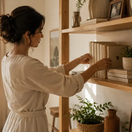 Mulher organizando uma estante em uma sala aconchegante inspirada no ritual japonês Osoji.