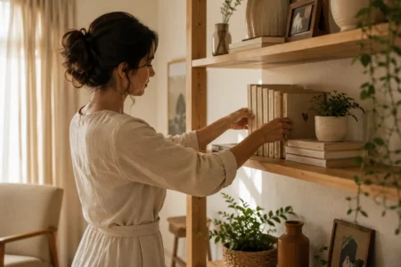 Mulher organizando uma estante em uma sala aconchegante inspirada no ritual japonês Osoji.
