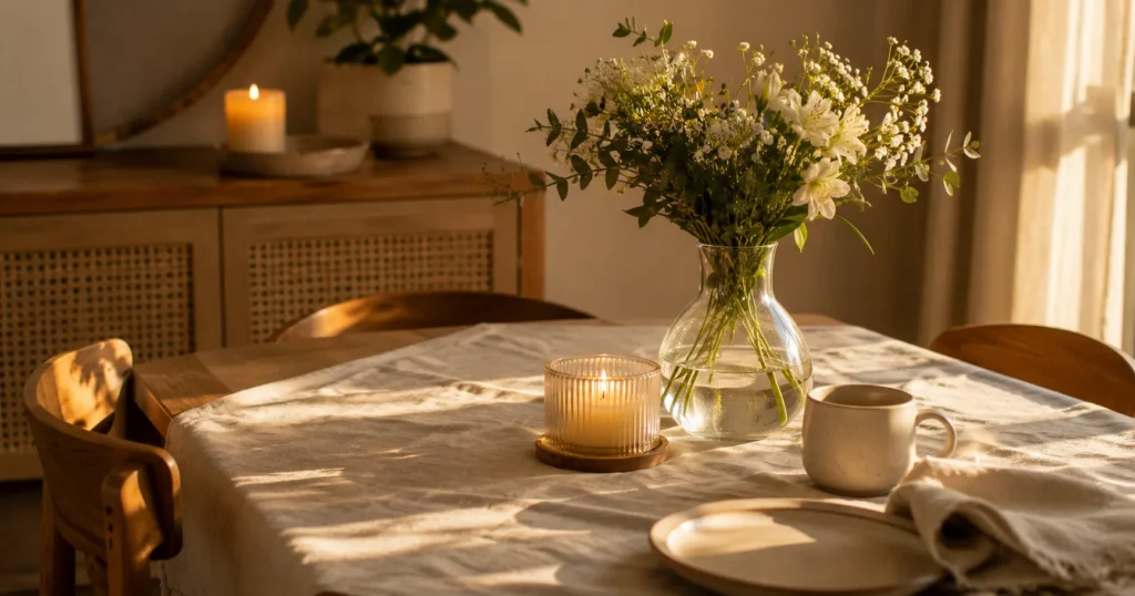 Mesa simples com flores frescas, vela e uma xícara de chá.