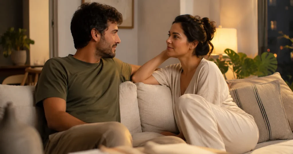 Casal conversando tranquilamente sentado em um sofá.
