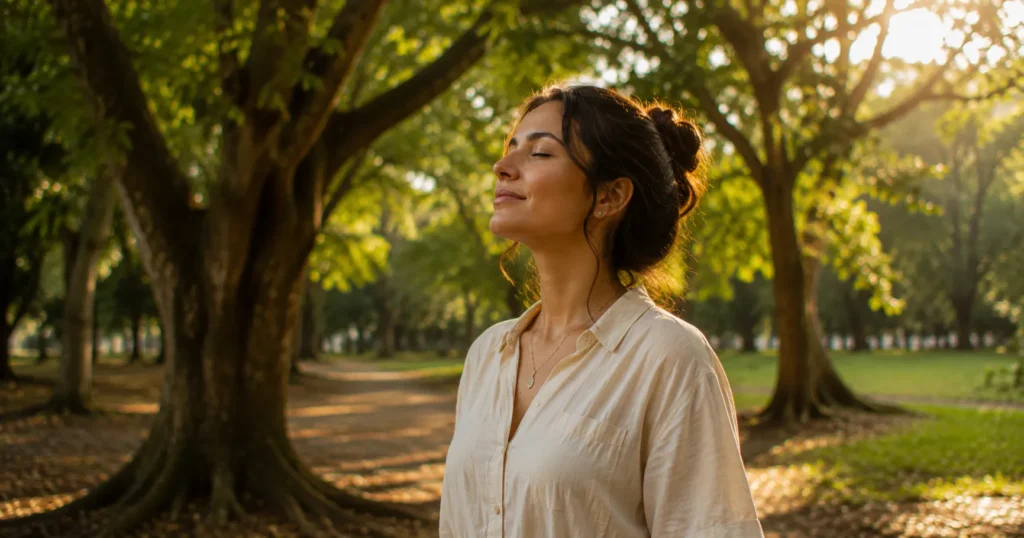 Mulher respirando profundamente em um parque arborizado.