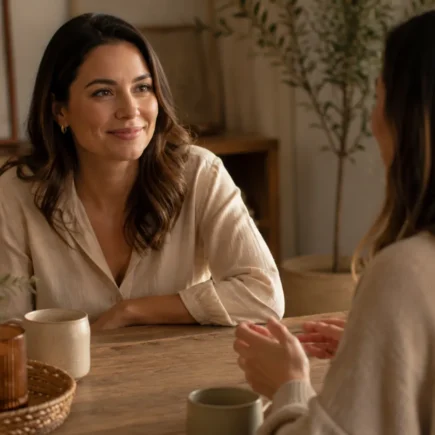 Mulher brasileira sorrindo suavemente enquanto conversa em um ambiente acolhedor.