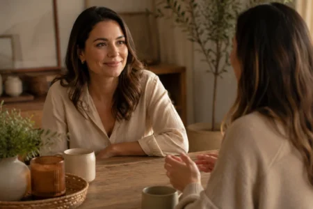 Mulher brasileira sorrindo suavemente enquanto conversa em um ambiente acolhedor.
