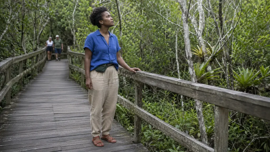 Mulher afro-brasileira observa a mata durante caminhada sensorial em uma reserva urbana