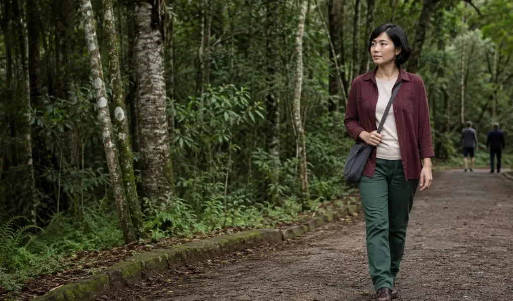 Mulher jovem caminhando com calma entre árvores em um parque de Mata Atlântica no Brasil