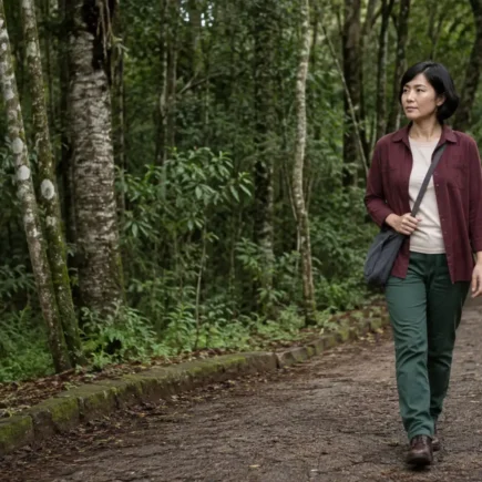 Mulher jovem caminhando com calma entre árvores em um parque de Mata Atlântica no Brasil
