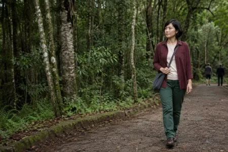Mulher jovem caminhando com calma entre árvores em um parque de Mata Atlântica no Brasil