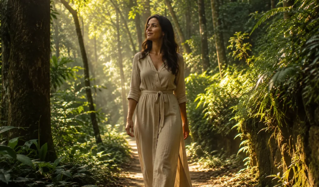 Mulher caminhando em meio à natureza praticando Shinrin-yoku.