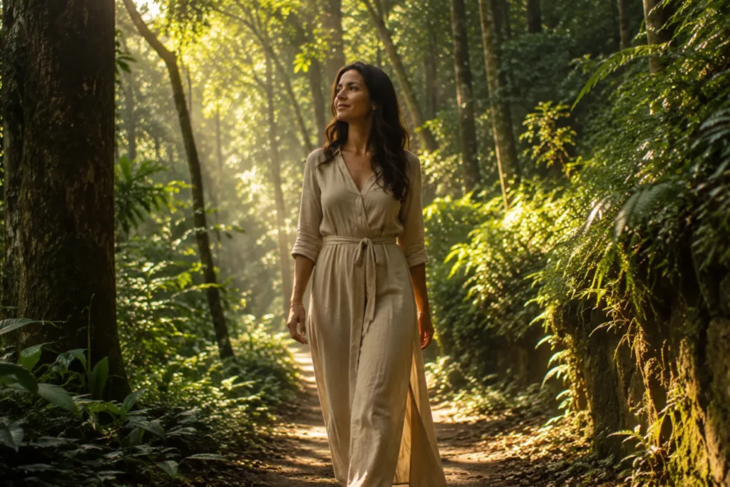 Mulher caminhando em meio à natureza praticando Shinrin-yoku.