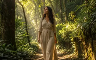 Mulher caminhando em meio à natureza praticando Shinrin-yoku.