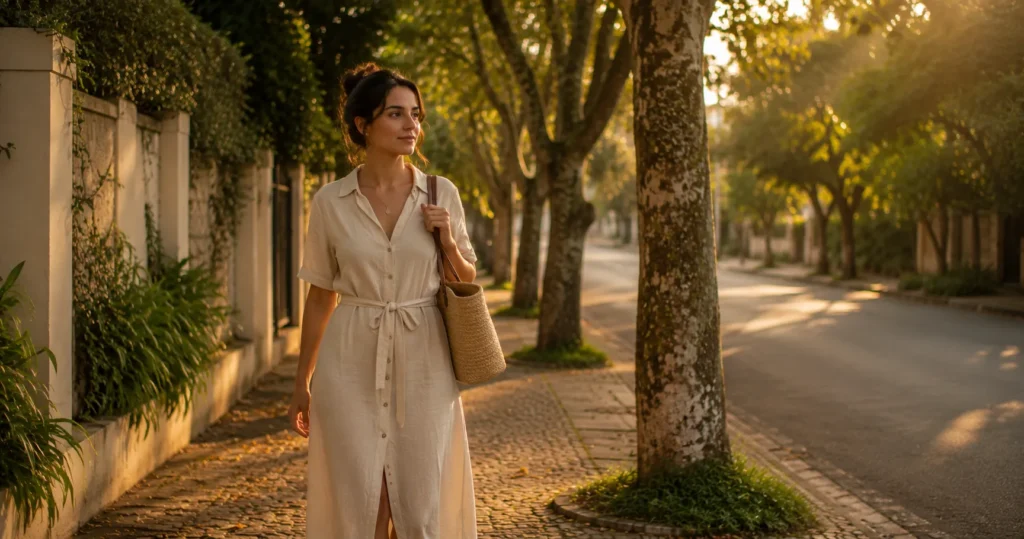 Mulher caminhando tranquilamente em uma rua arborizada.