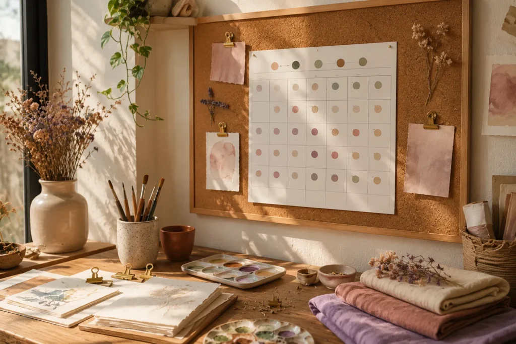 Calendário visual de humor e energia em uma parede de ateliê feminino