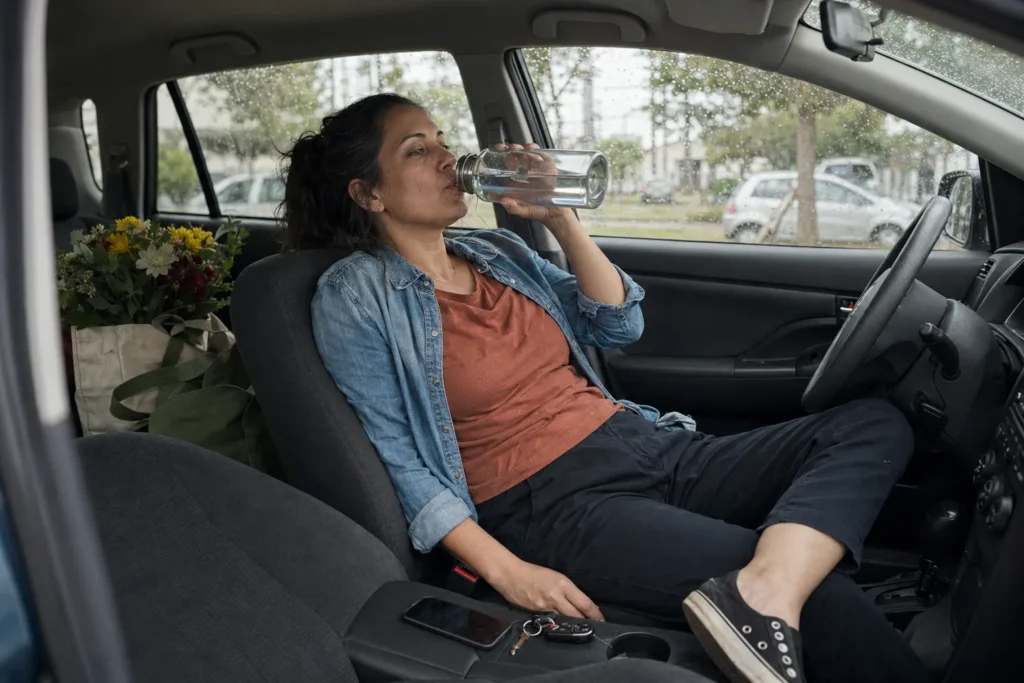 Mulher fazendo uma pequena pausa dentro do carro durante um dia comum e corrido