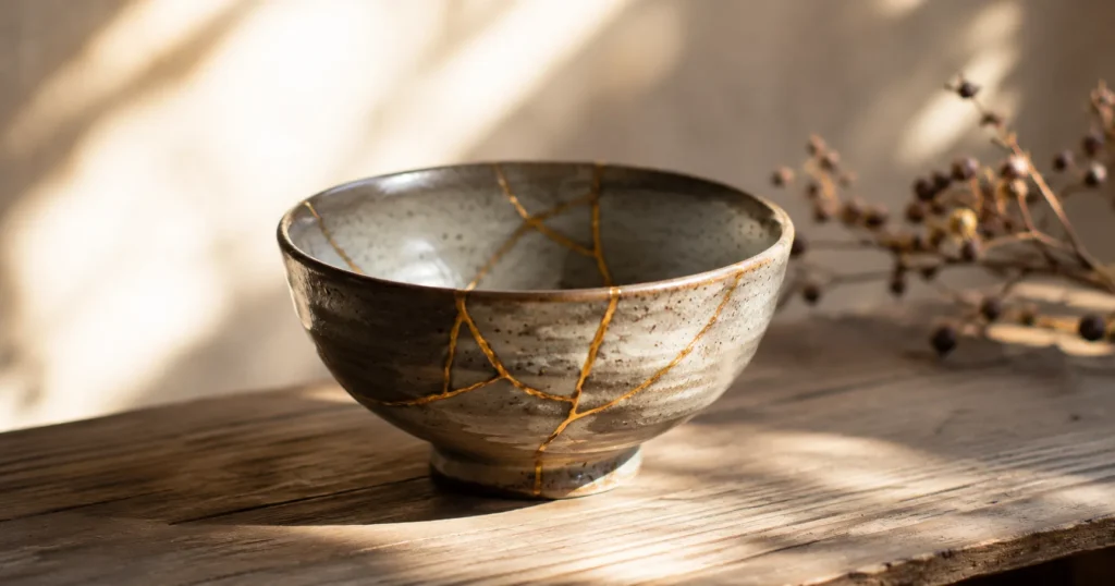 Peça de cerâmica japonesa restaurada com detalhes dourados.