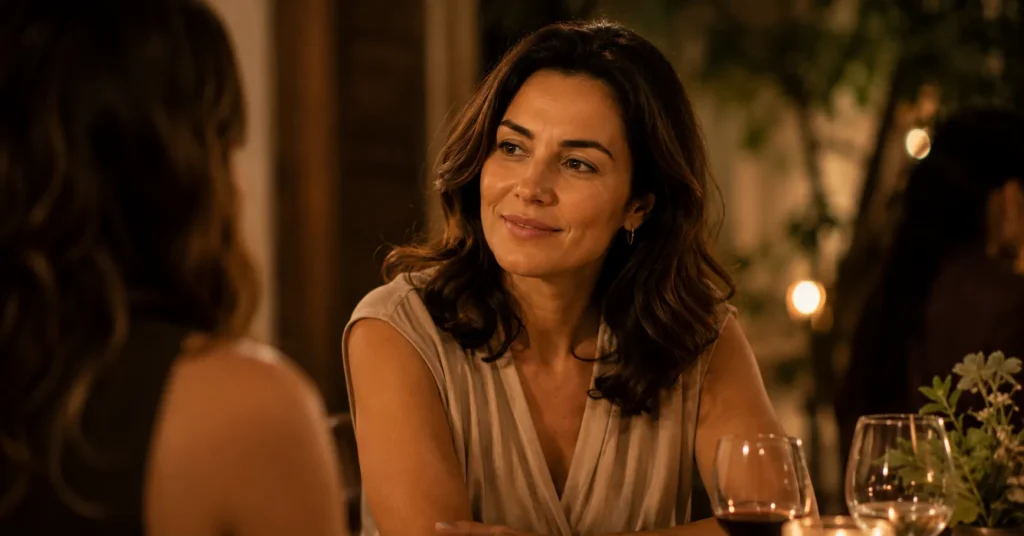 Mulher madura sorrindo discretamente durante uma conversa.