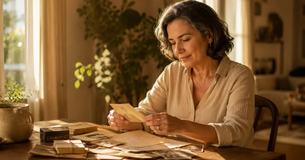 Mulher brasileira madura observando antigas cartas e fotografias.