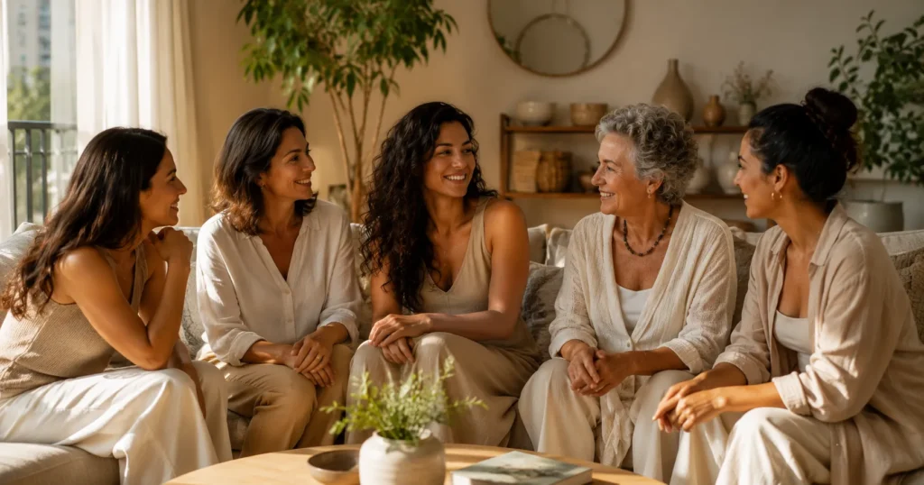 Cinco mulheres brasileiras de diferentes idades conversando em um ambiente acolhedor.
