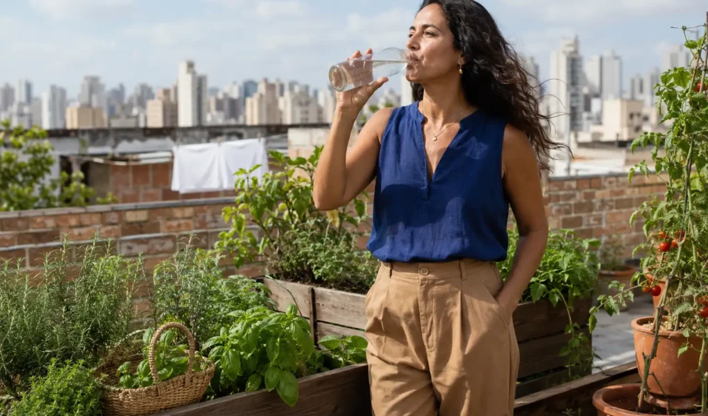 Mulher brasileira bebendo água durante uma pausa tranquila em sua rotina diária