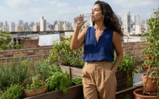 Mulher brasileira bebendo água durante uma pausa tranquila em sua rotina diária