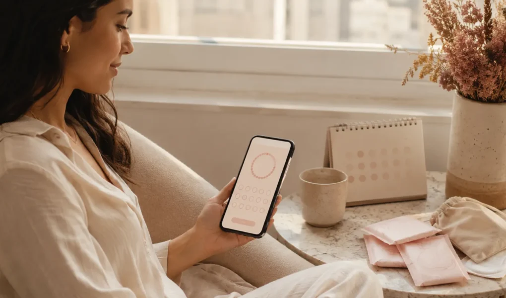 Mulher brasileira acompanhando o ciclo menstrual em um calendário delicado com itens de autocuidado