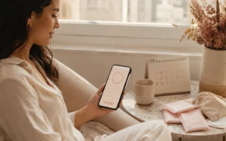 Mulher brasileira acompanhando o ciclo menstrual em um calendário delicado com itens de autocuidado