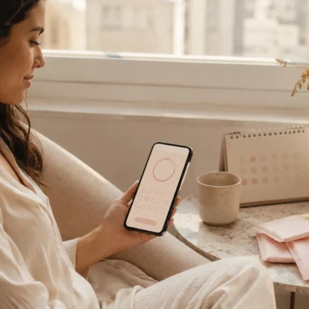 Mulher brasileira acompanhando o ciclo menstrual em um calendário delicado com itens de autocuidado