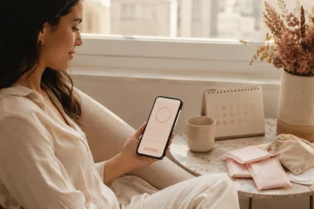 Mulher brasileira acompanhando o ciclo menstrual em um calendário delicado com itens de autocuidado