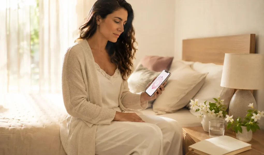 Mulher brasileira usando uma calculadora de ovulação no celular em um quarto claro e acolhedor