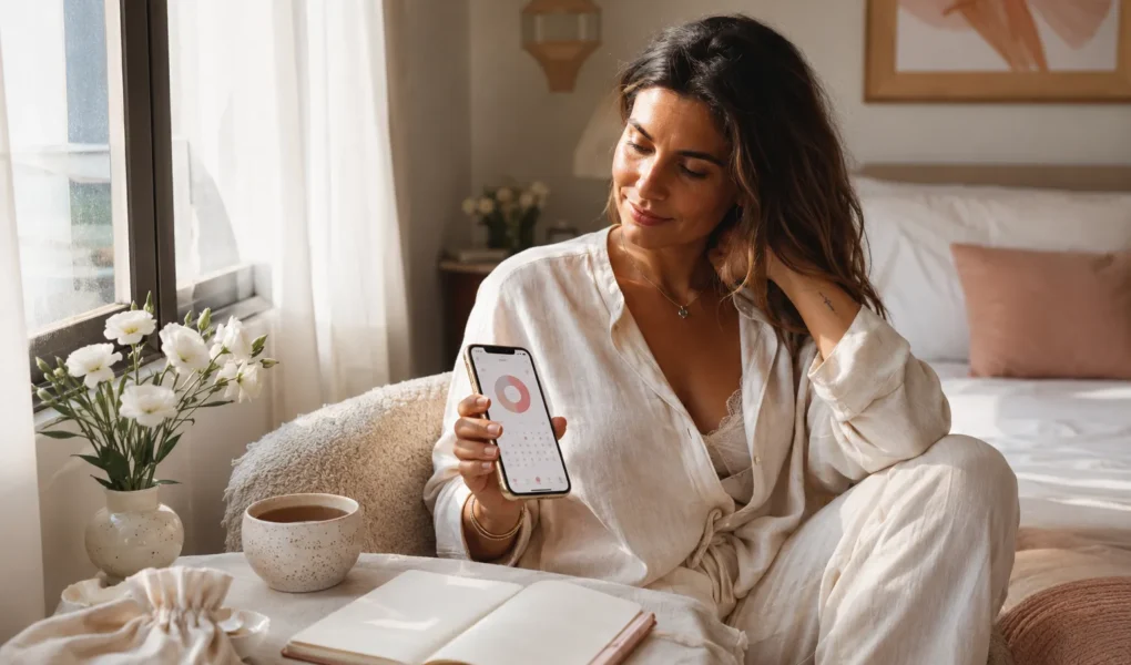 Mulher brasileira usando uma calculadora de período fértil no celular em um ambiente claro e acolhedor
