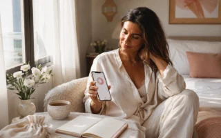 Mulher brasileira usando uma calculadora de período fértil no celular em um ambiente claro e acolhedor