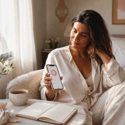 Mulher brasileira usando uma calculadora de período fértil no celular em um ambiente claro e acolhedor