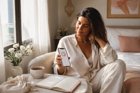 Mulher brasileira usando uma calculadora de período fértil no celular em um ambiente claro e acolhedor