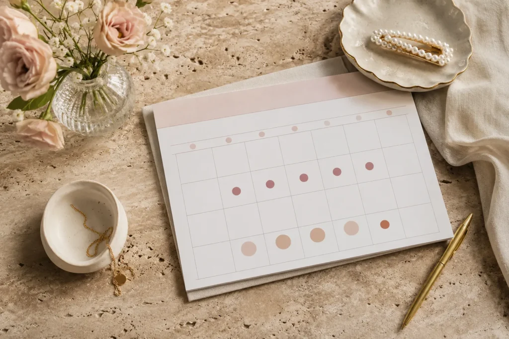 Calendário menstrual feminino organizado sobre uma mesa clara com objetos delicados