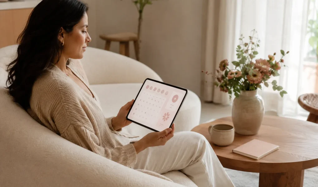 Mulher brasileira usando um calendário menstrual online no tablet em um sofá claro e acolhedor