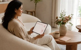 Mulher brasileira usando um calendário menstrual online no tablet em um sofá claro e acolhedor