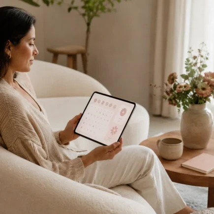 Mulher brasileira usando um calendário menstrual online no tablet em um sofá claro e acolhedor