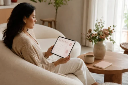 Mulher brasileira usando um calendário menstrual online no tablet em um sofá claro e acolhedor