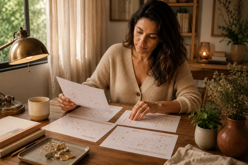 Mulher brasileira analisando anotações do ciclo menstrual em uma mesa organizada