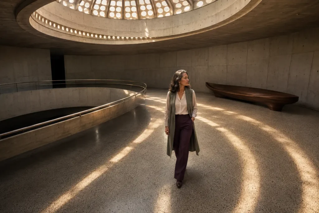 Mulher caminhando sob formas circulares de luz que representam de maneira simbólica os ciclos do sono