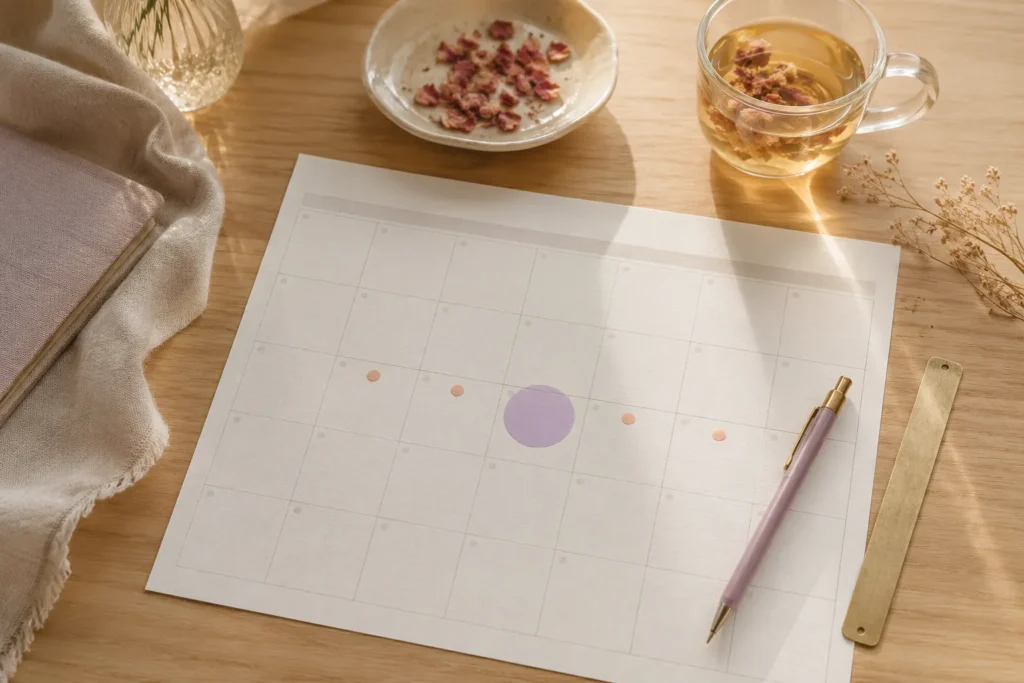 Calendário feminino minimalista com marcações delicadas para calcular a ovulação